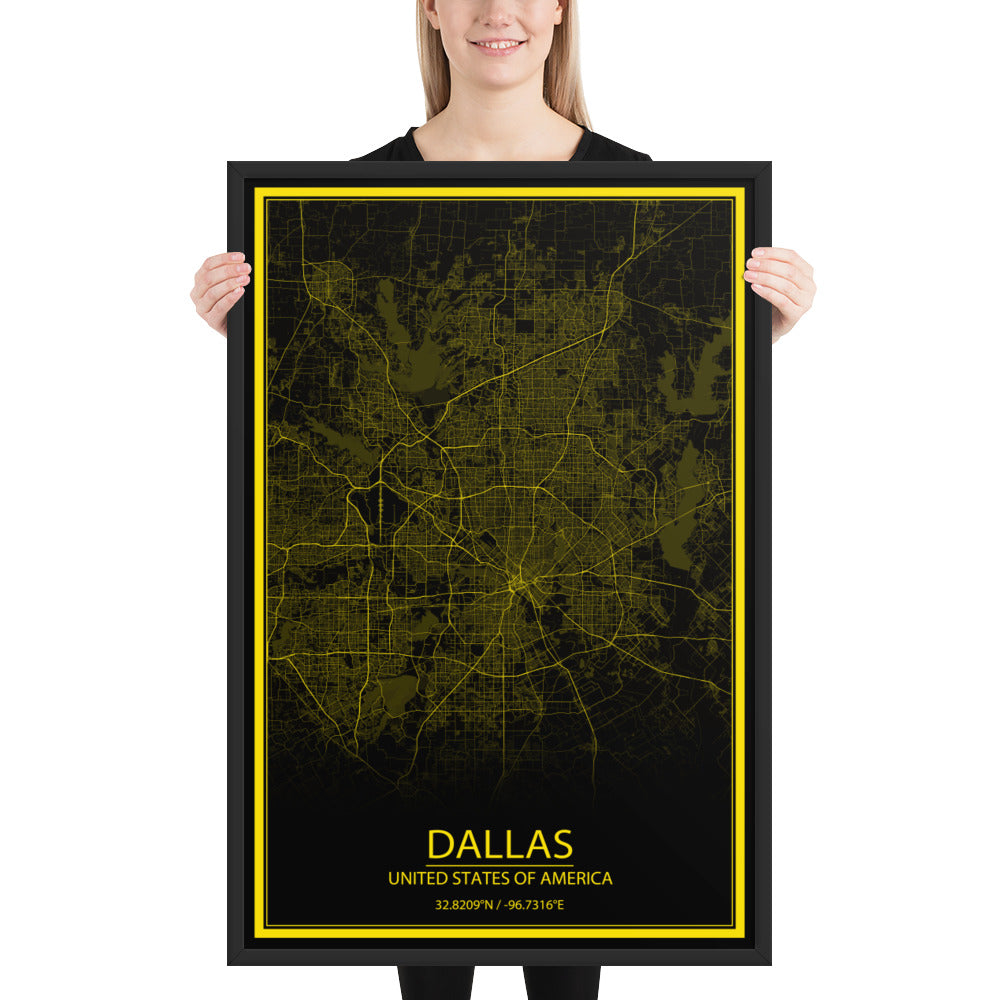 Dallas Black and Yellow Framed Map