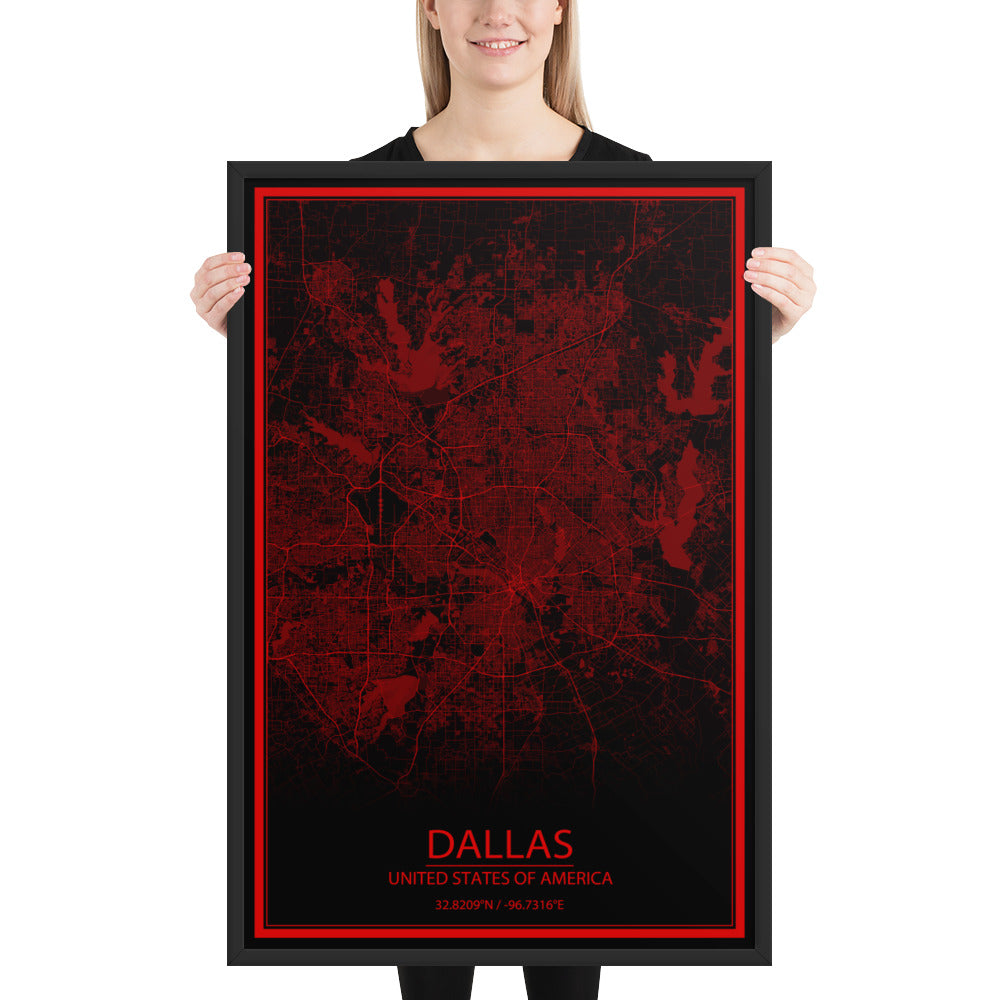 Dallas Black and Red Framed Map