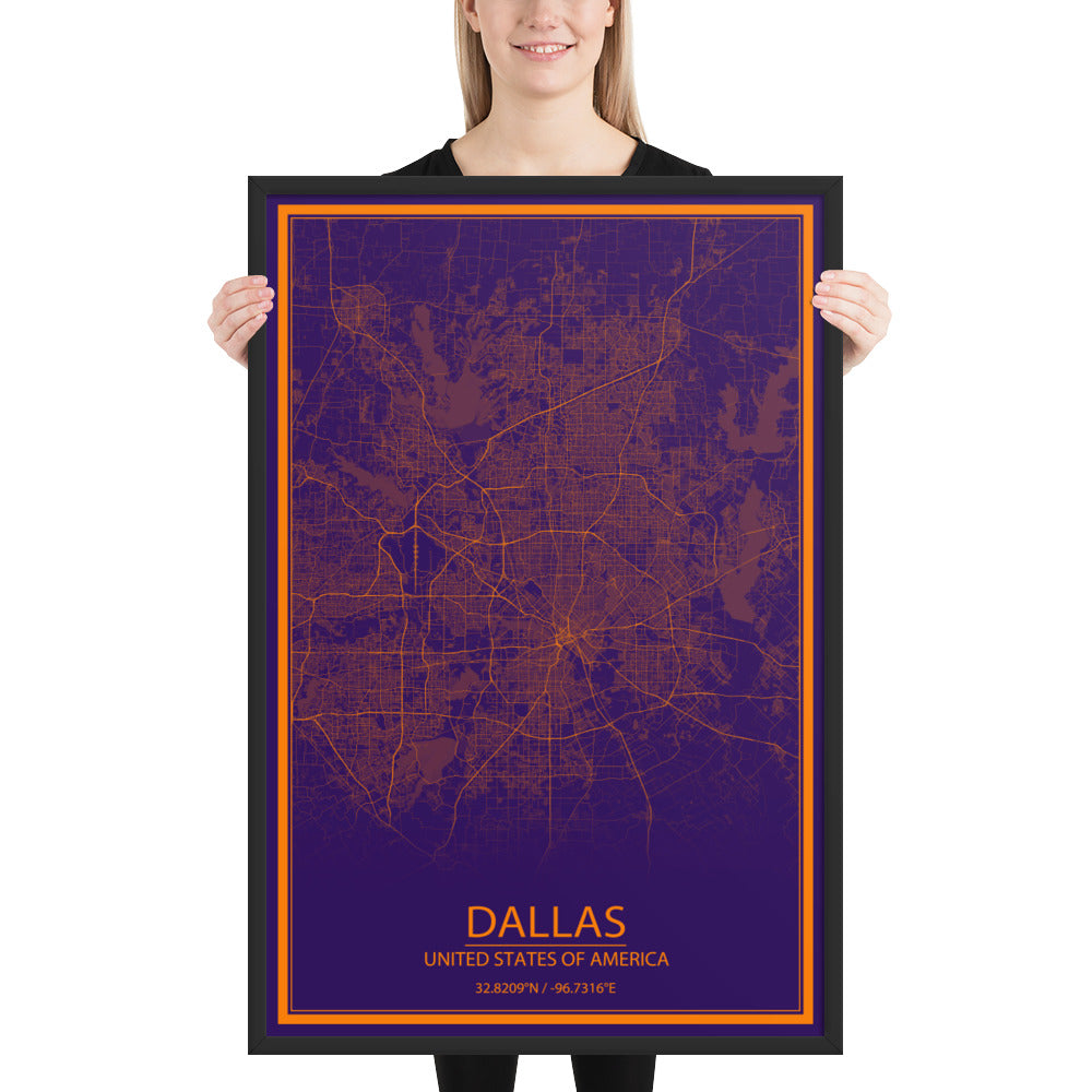 Dallas Purple and Orange Framed Map