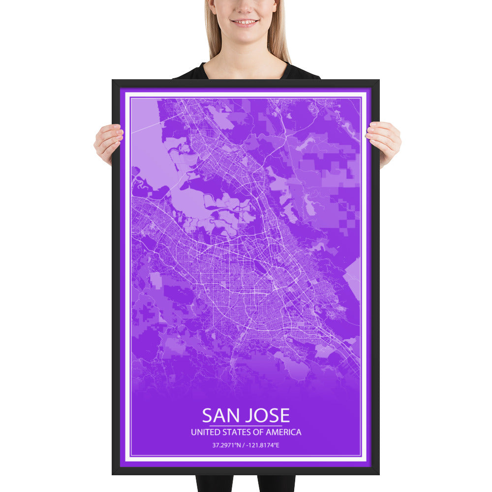 San Jose Purple and White Framed Map