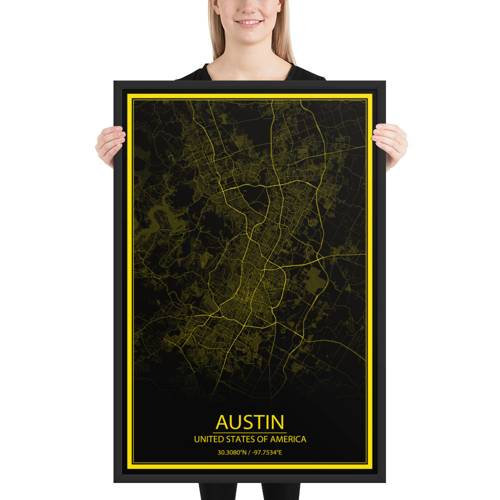 Austin Black and Yellow Framed Map