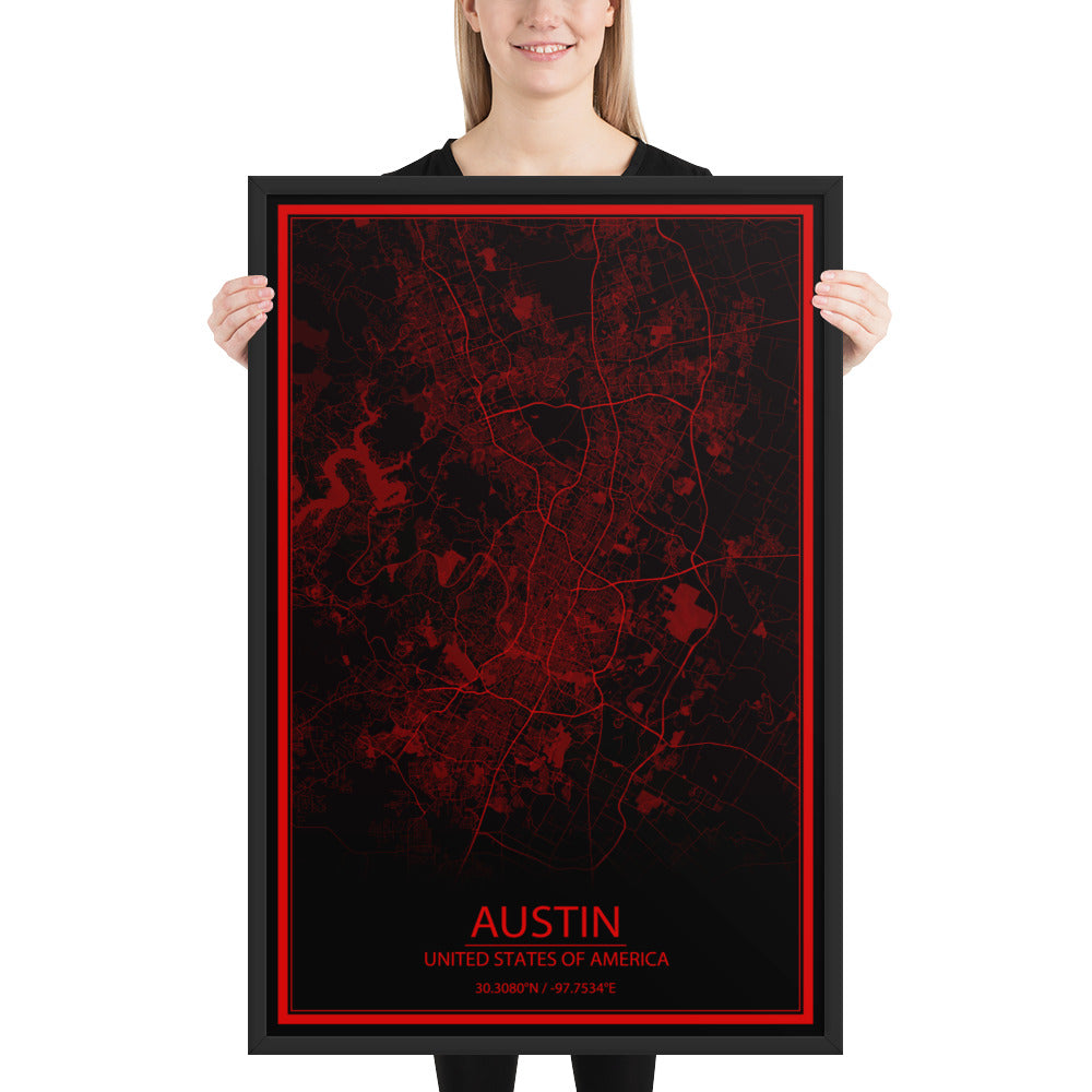 Austin Black and Red Framed Map