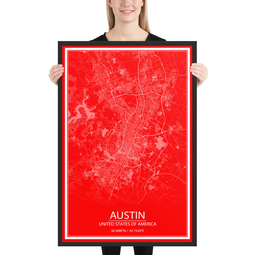 Austin Red and White Framed Map