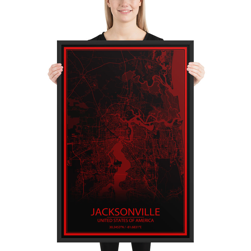 Jacksonville Black and Red Framed Map