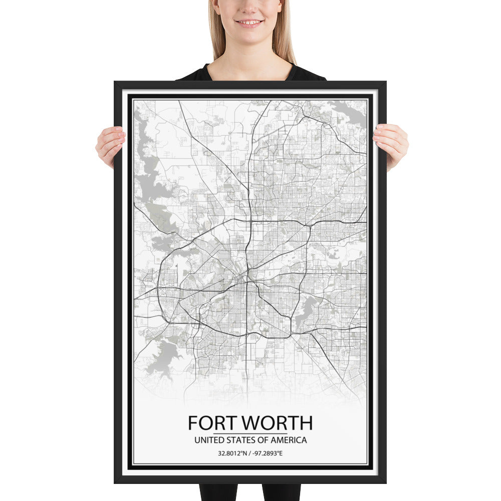 Fort Worth White Framed Map