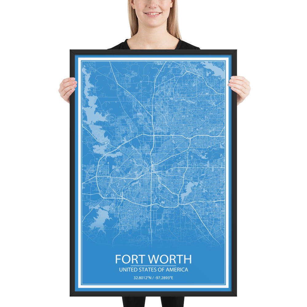 Fort Worth Blue and White Framed Map