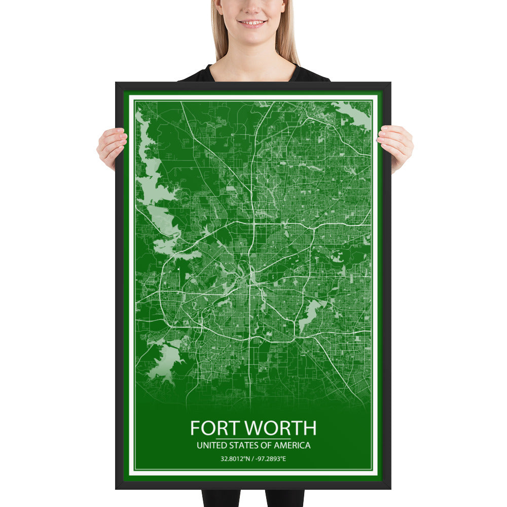 Fort Worth Green and White Framed Map