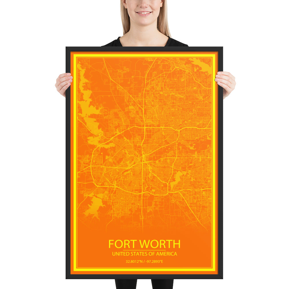 Fort Worth Orange and Yellow Framed Map