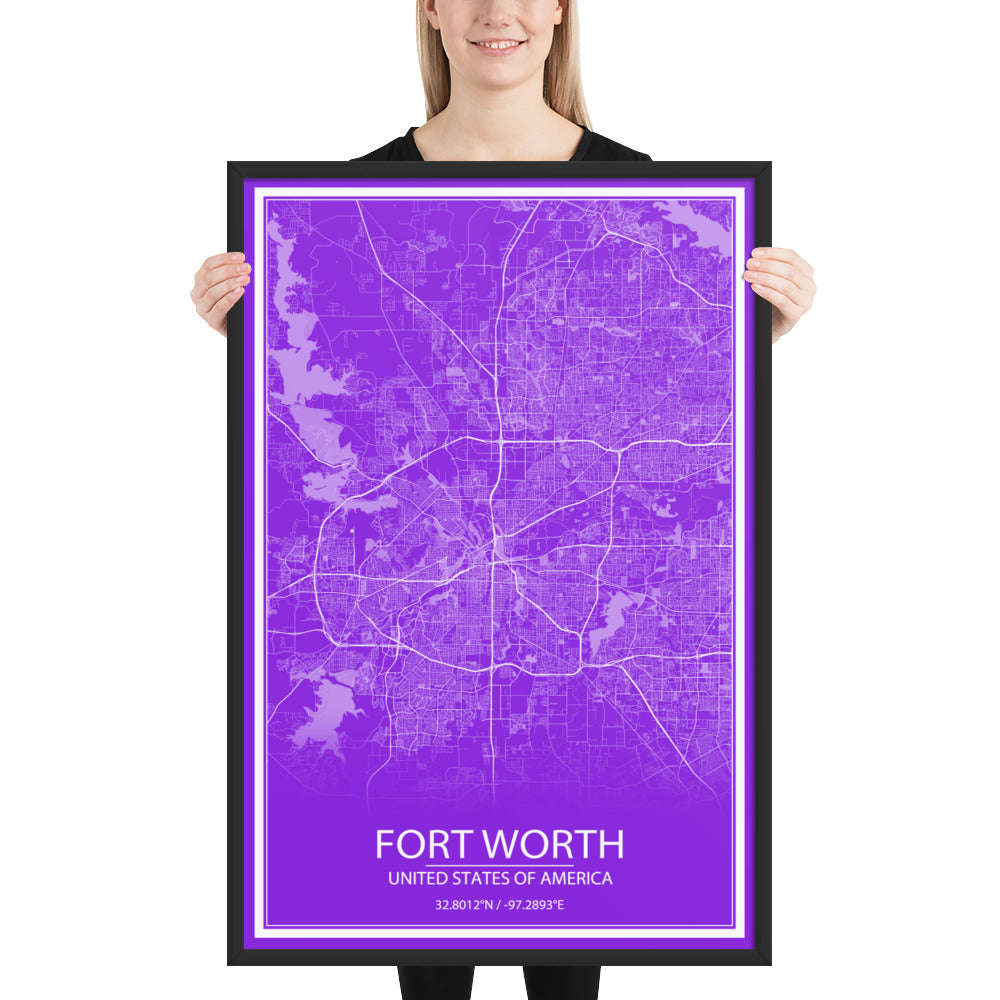 Fort Worth Purple and White Framed Map