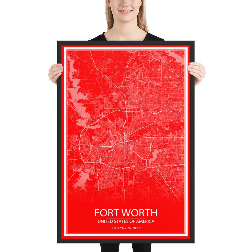 Fort Worth Red and White Framed Map