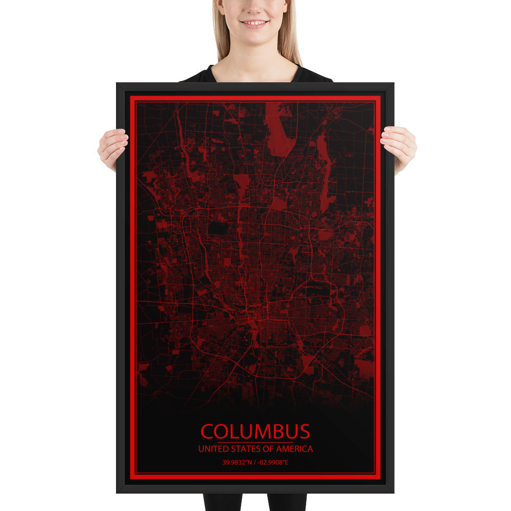 Columbus Black and Red Framed Map