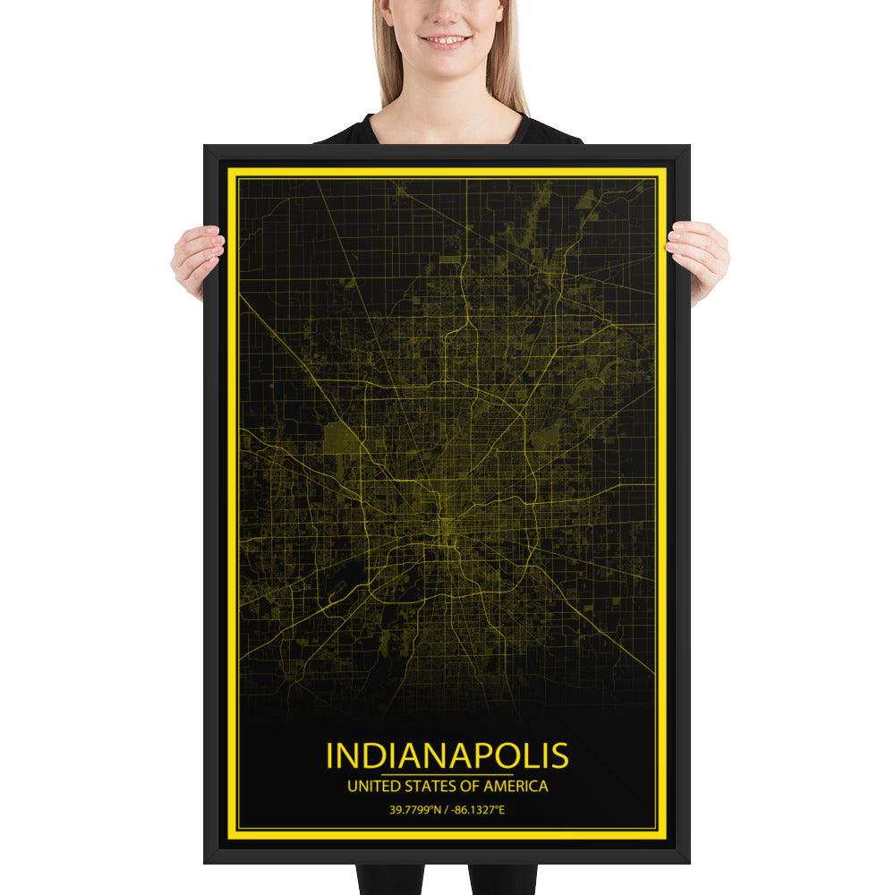 Indianapolis Black and Yellow Framed Map