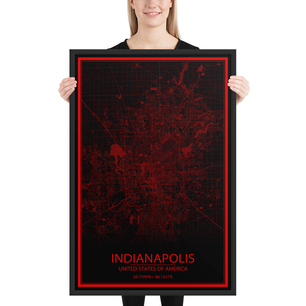 Indianapolis Black and Red Framed Map