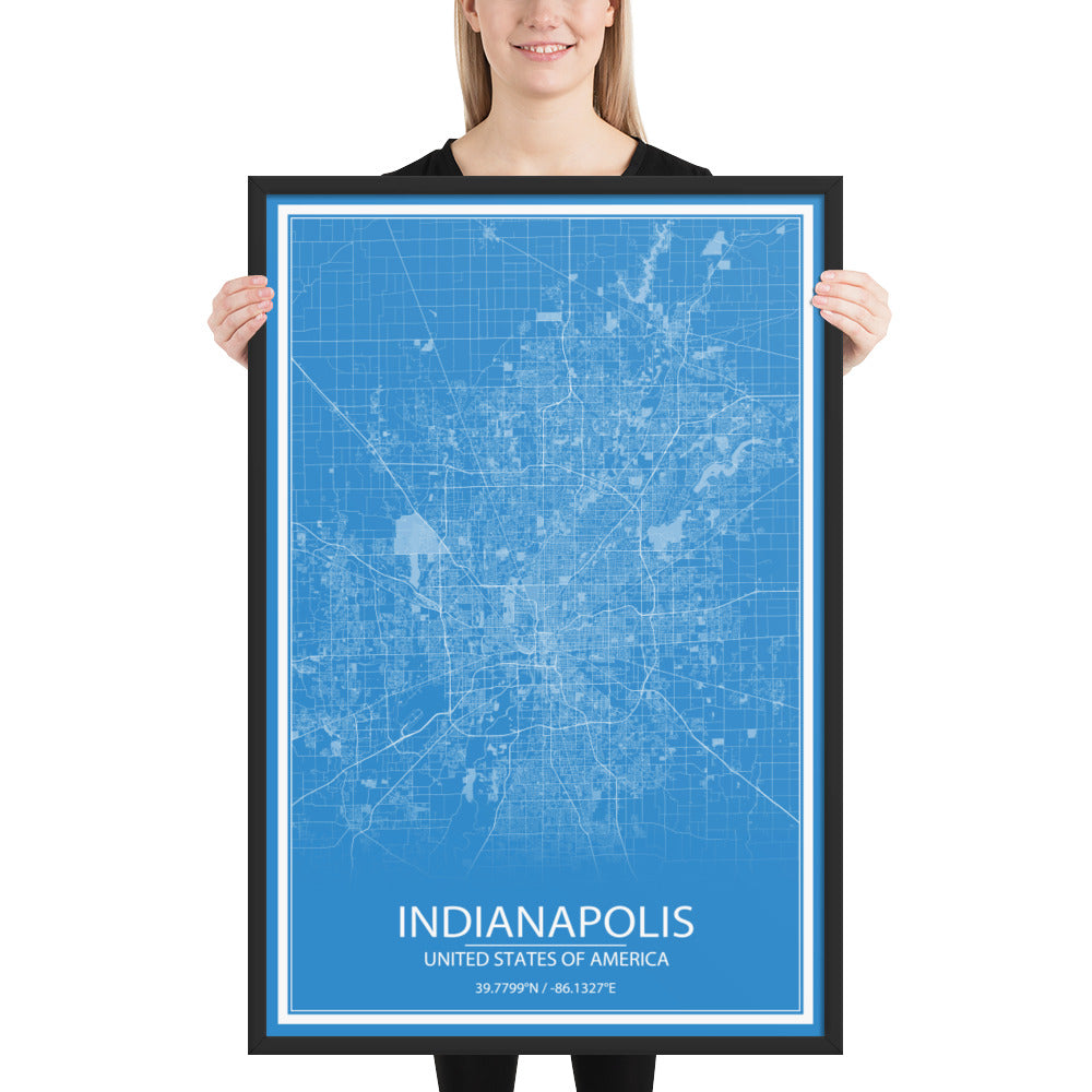 Indianapolis Blue and White Framed Map