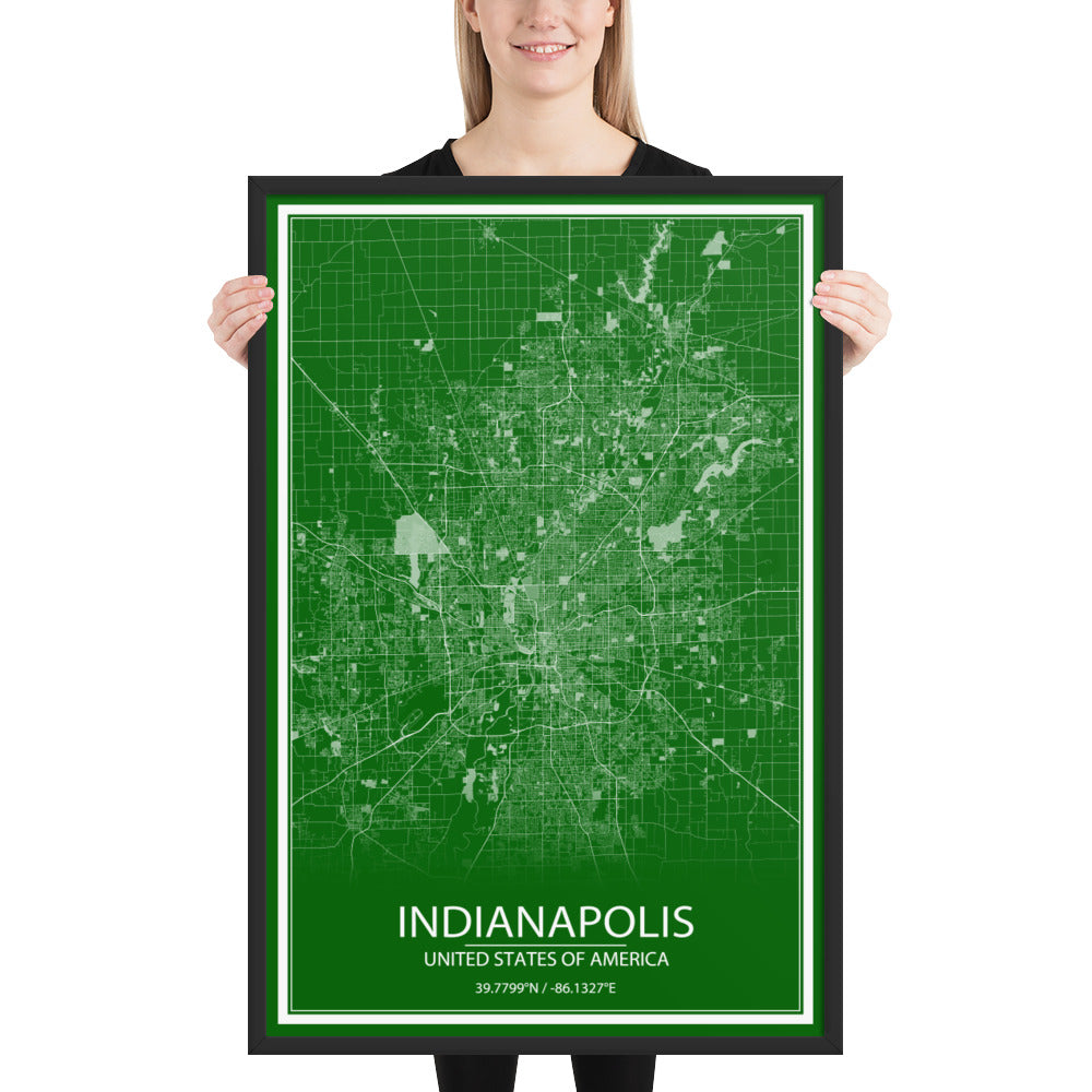 Indianapolis Green and White Framed Map