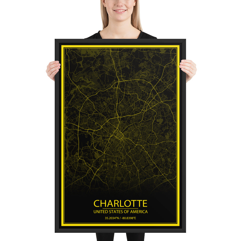 Charlotte Black and Yellow Framed Map