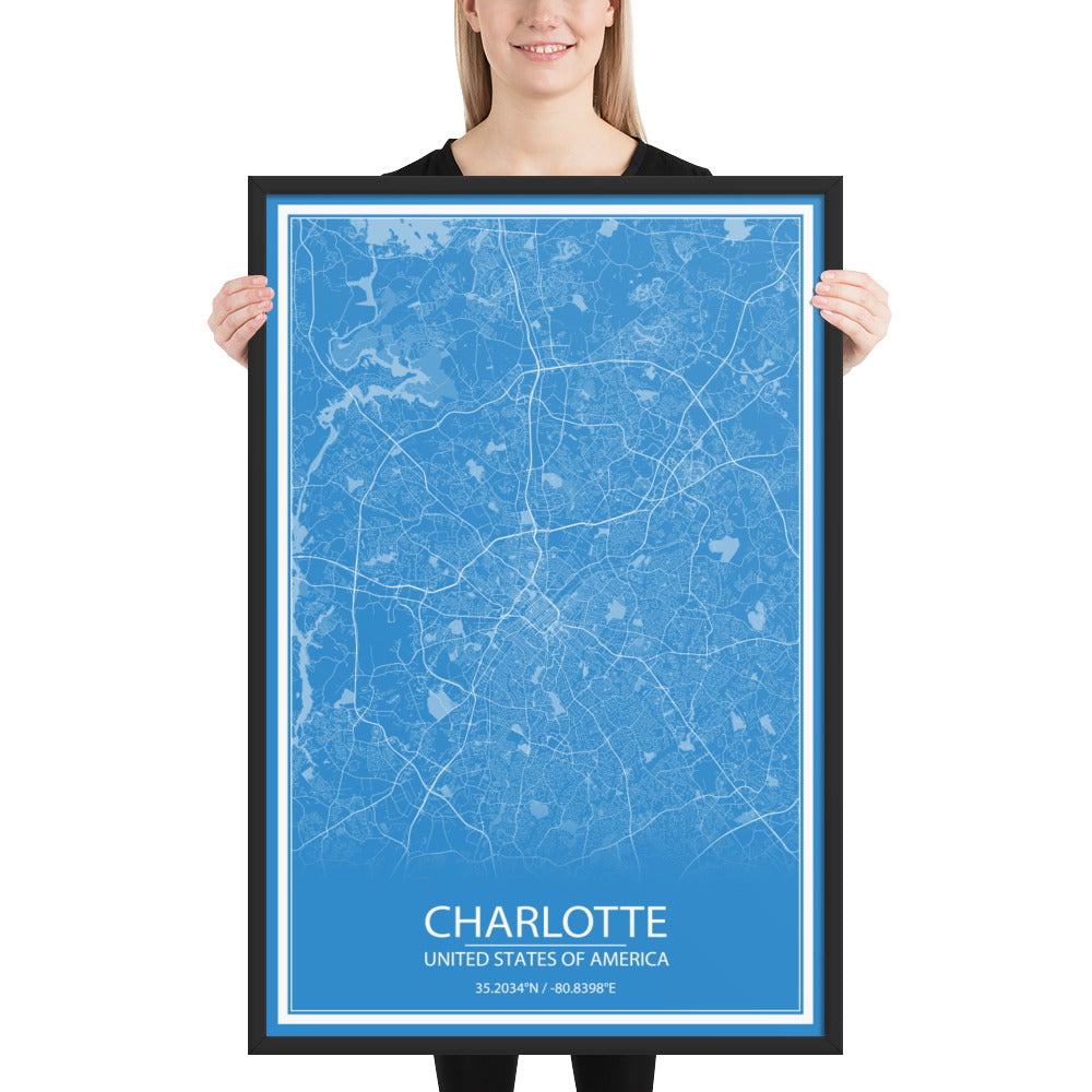 Charlotte Blue and White Framed Map