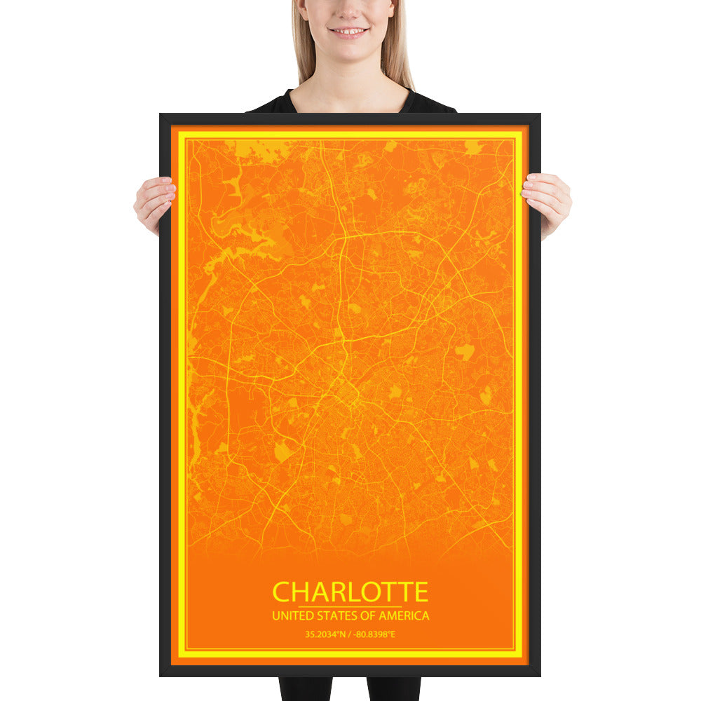 Charlotte Orange and Yellow Framed Map