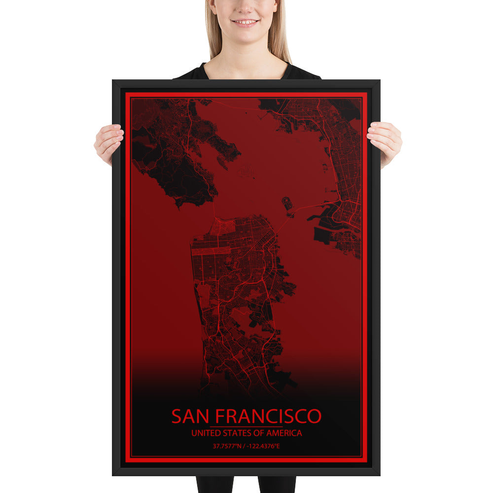 San Francisco Black and Red Framed Map