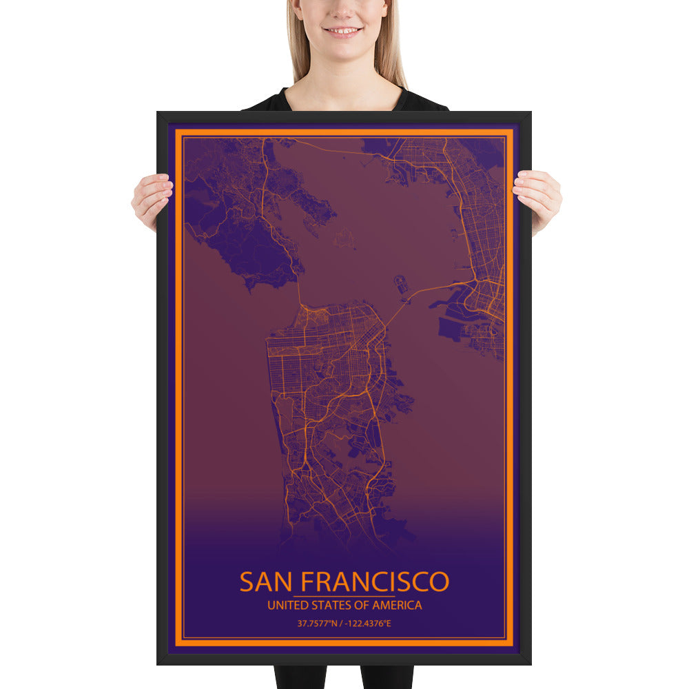 San Francisco Purple and Orange Framed Map