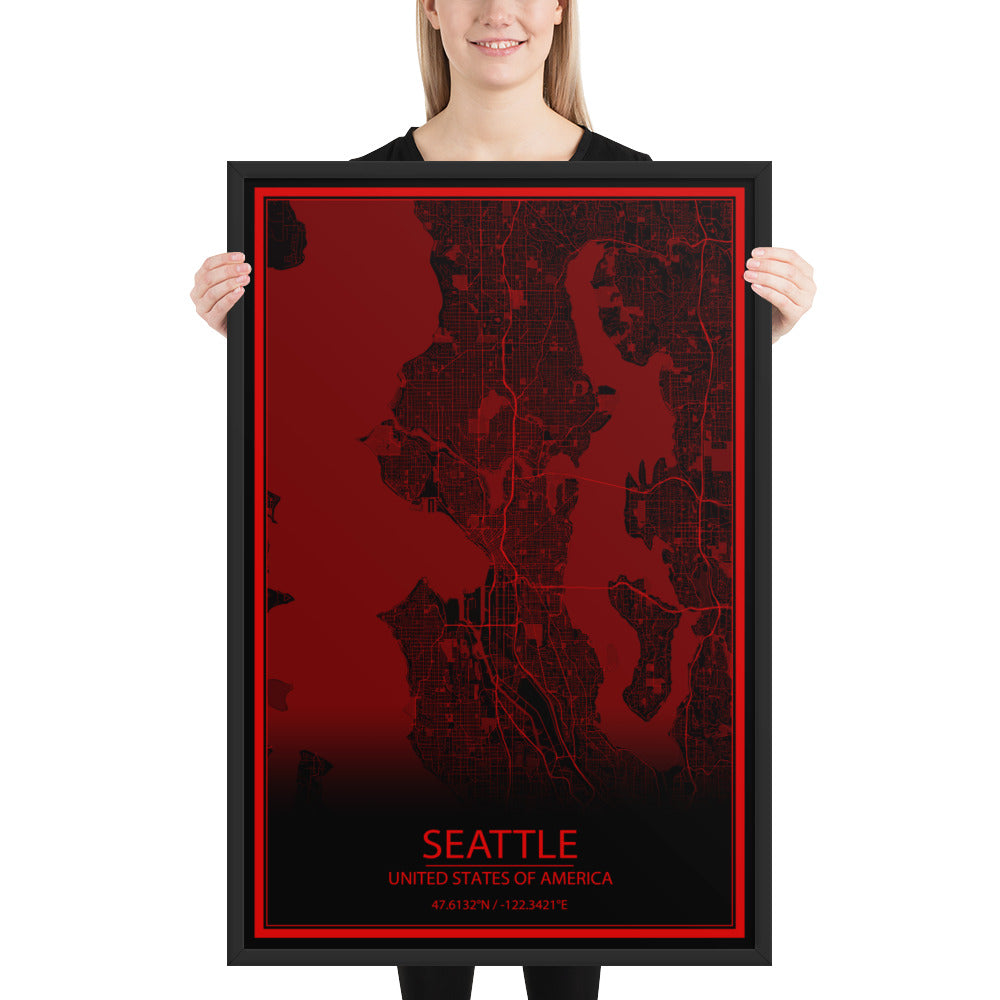 Seattle Black and Red Framed Map