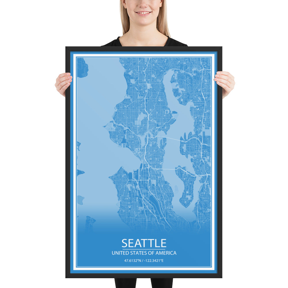 Seattle Blue and White Framed Map