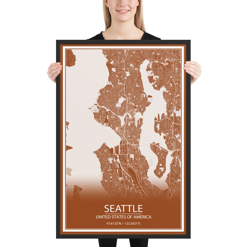 Seattle Brown and White Framed Map