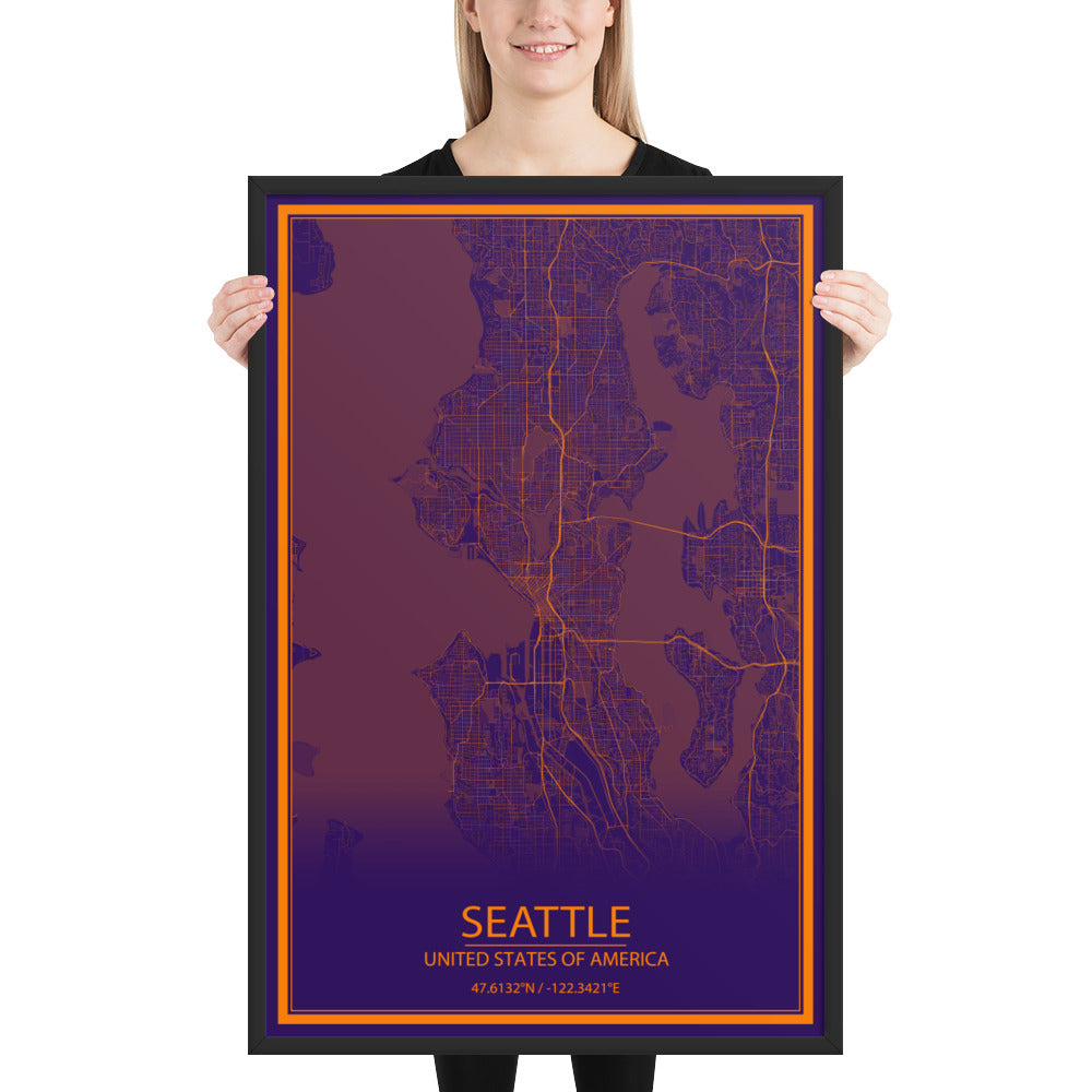 Seattle Purple and Orange Framed Map