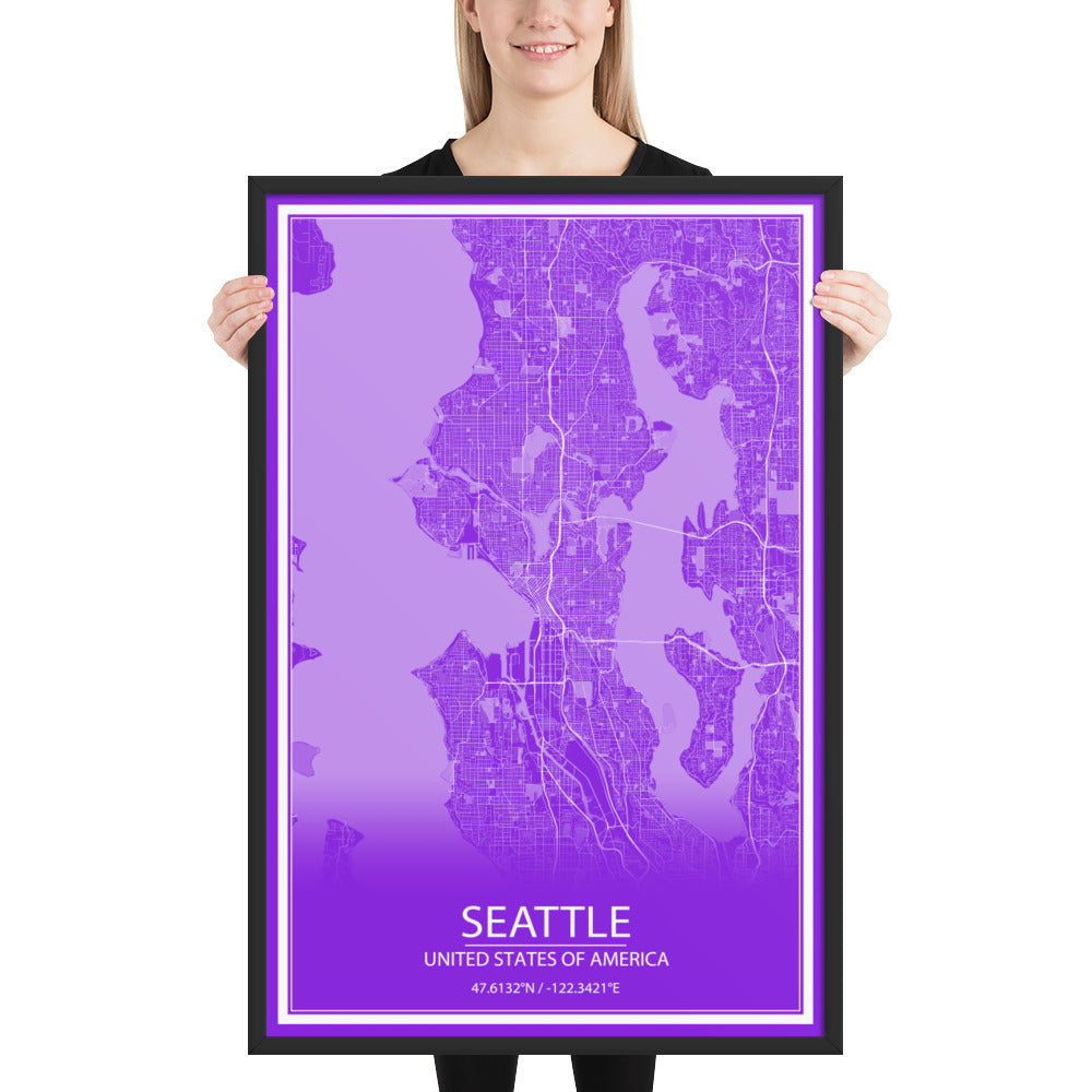 Seattle Purple and White Framed Map