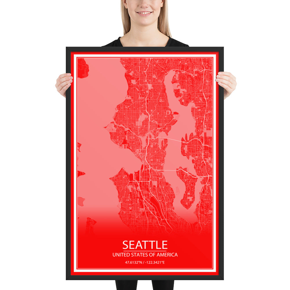 Seattle Red and White Framed Map