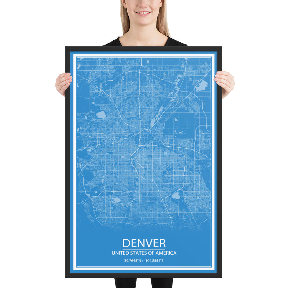 Denver Blue and White Framed Map