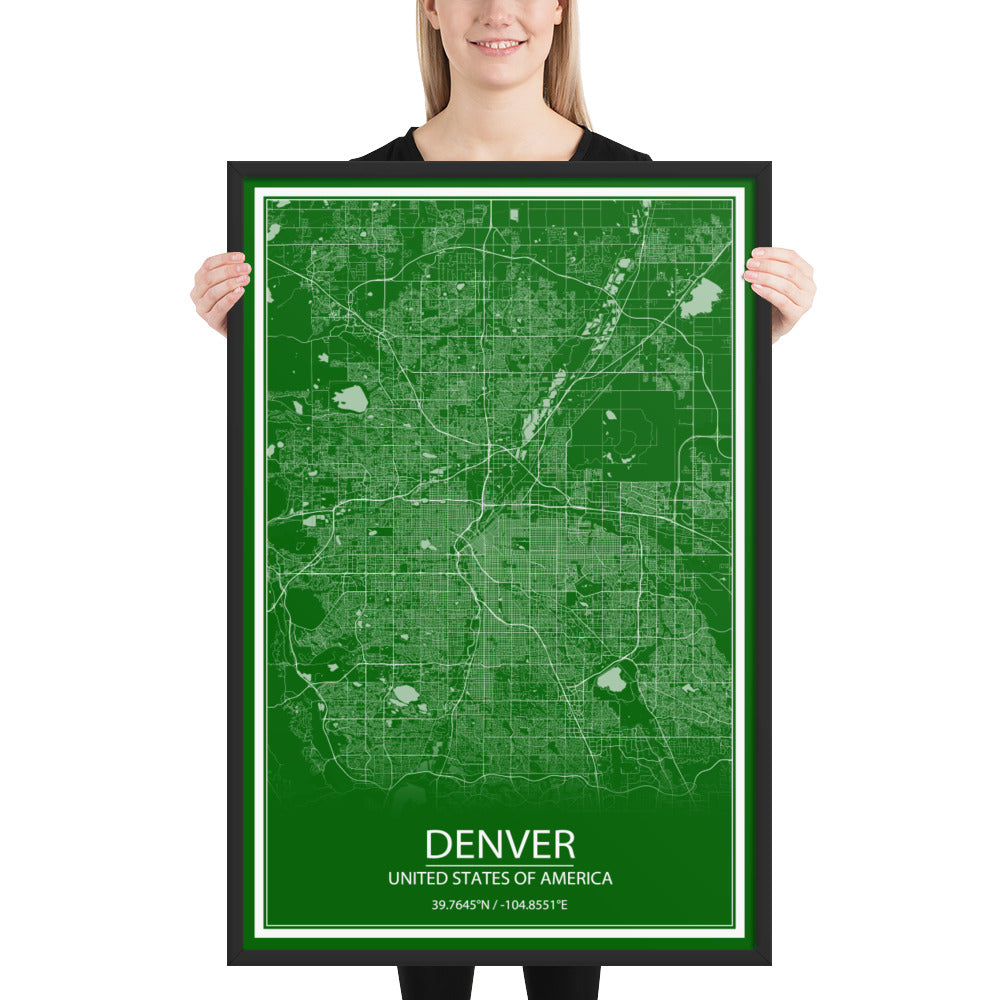 Denver Green and White Framed Map