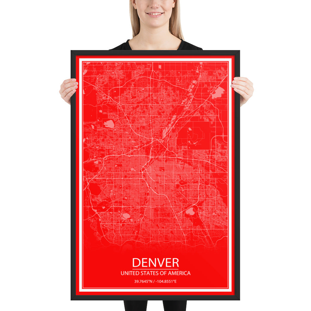 Denver Red and White Framed Map