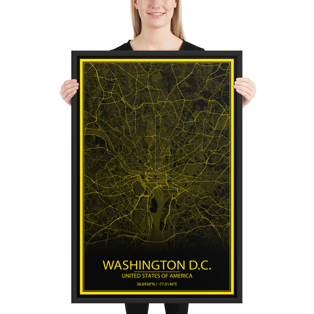 Washington, D.C. Black and Yellow Framed Map