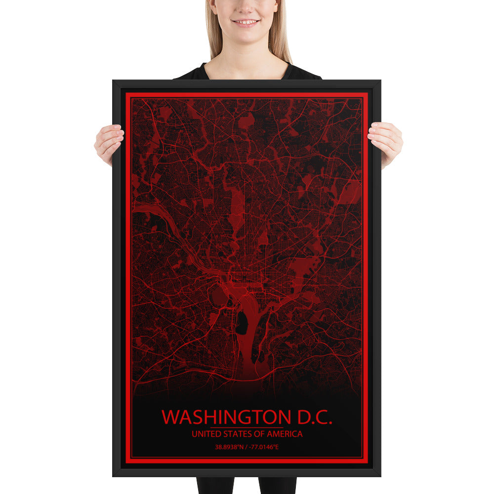 Washington, D.C. Black and Red Framed Map