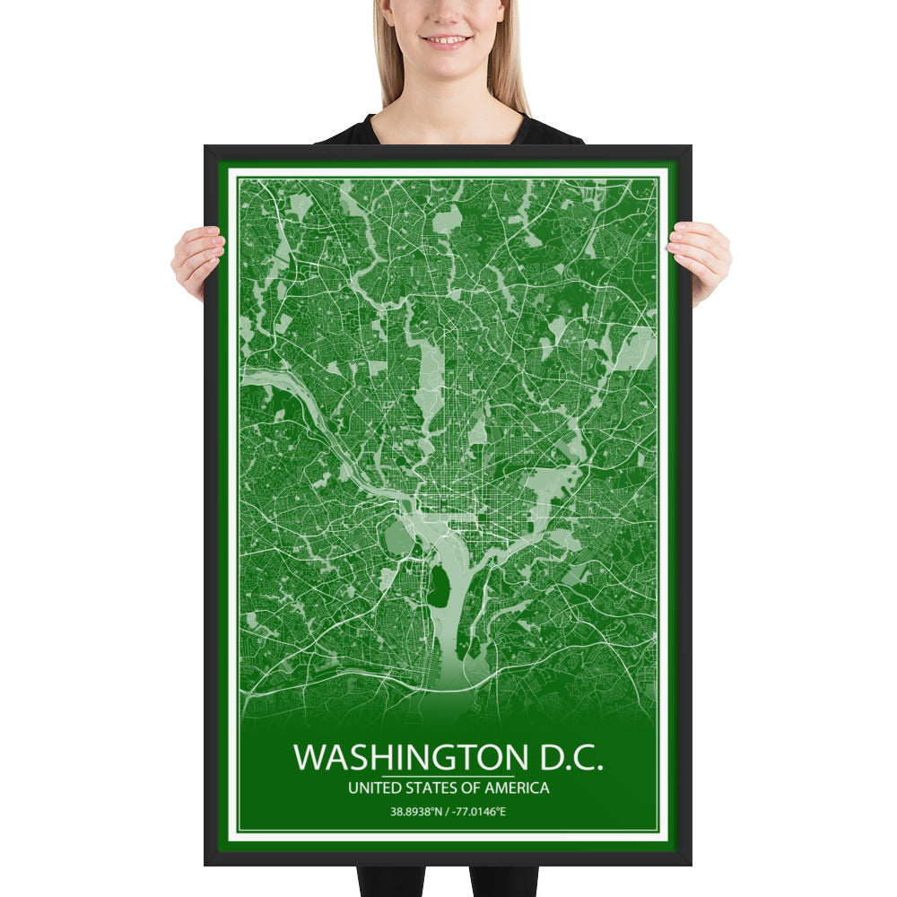 Washington, D.C. Green and White Framed Map