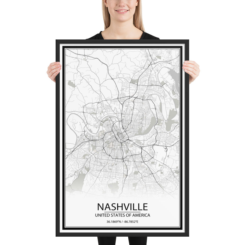 Nashville White Framed Map