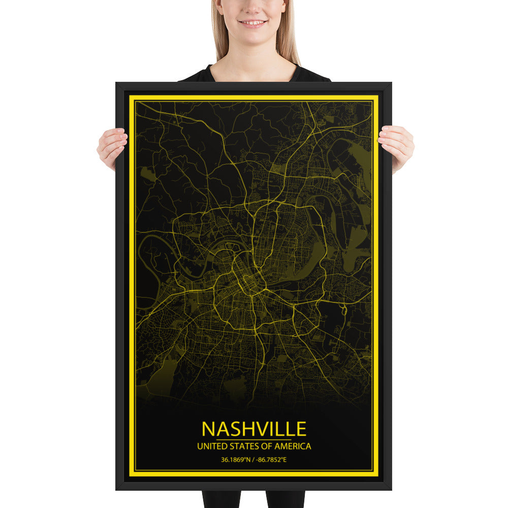 Nashville Black and Yellow Framed Map