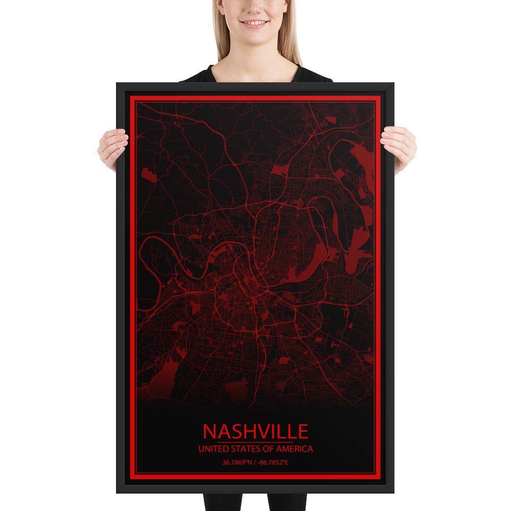 Nashville Black and Red Framed Map