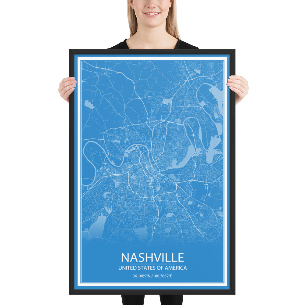 Nashville Blue and White Framed Map