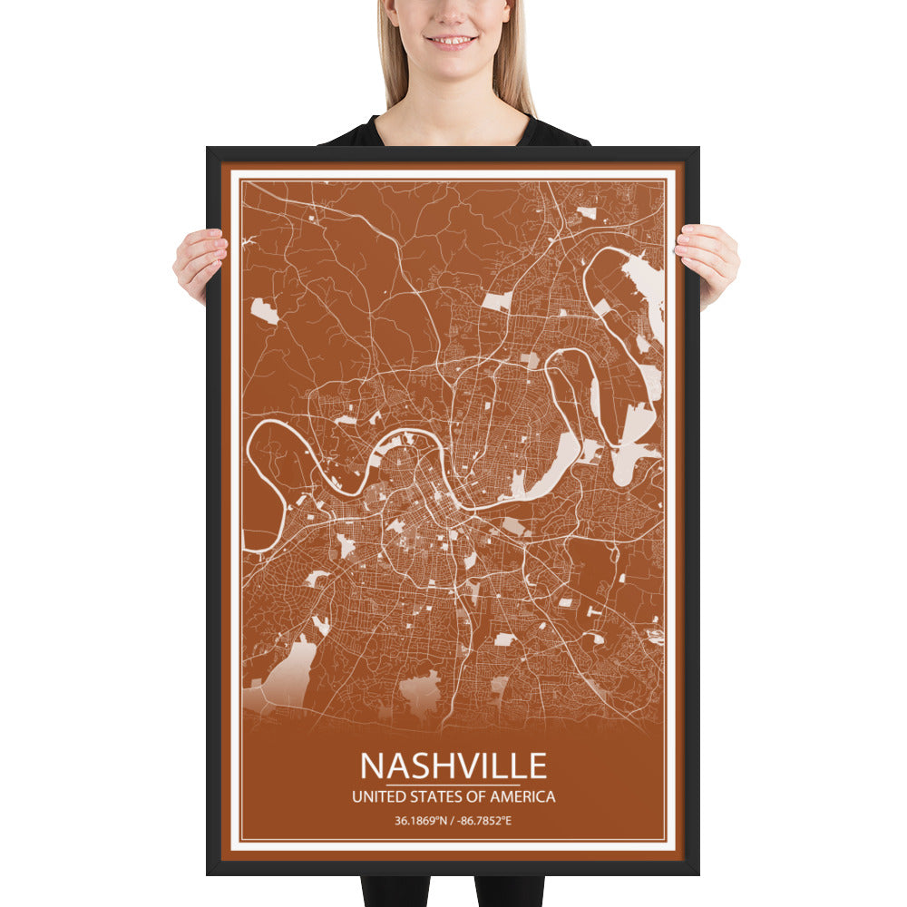 Nashville Brown and White Framed Map