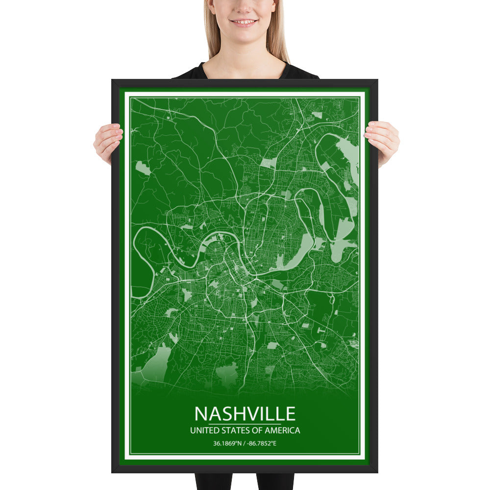 Nashville Green and White Framed Map