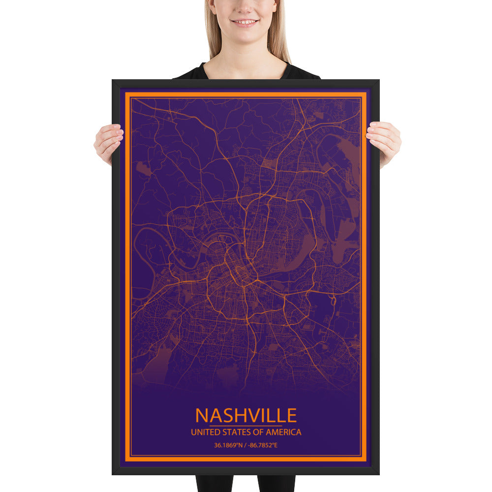 Nashville Purple and Orange Framed Map