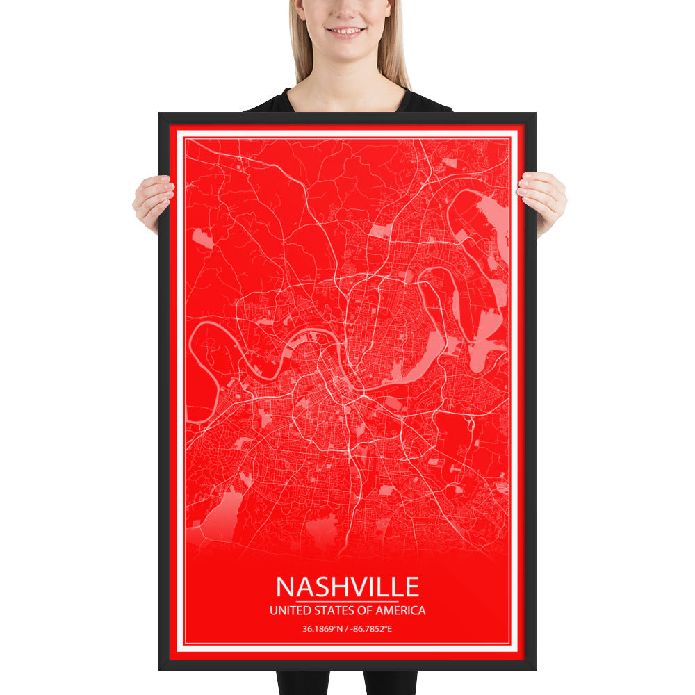 Nashville Red and White Framed Map