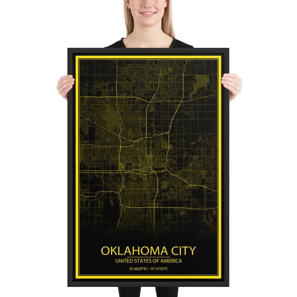 Oklahoma City Black and Yellow Framed Map