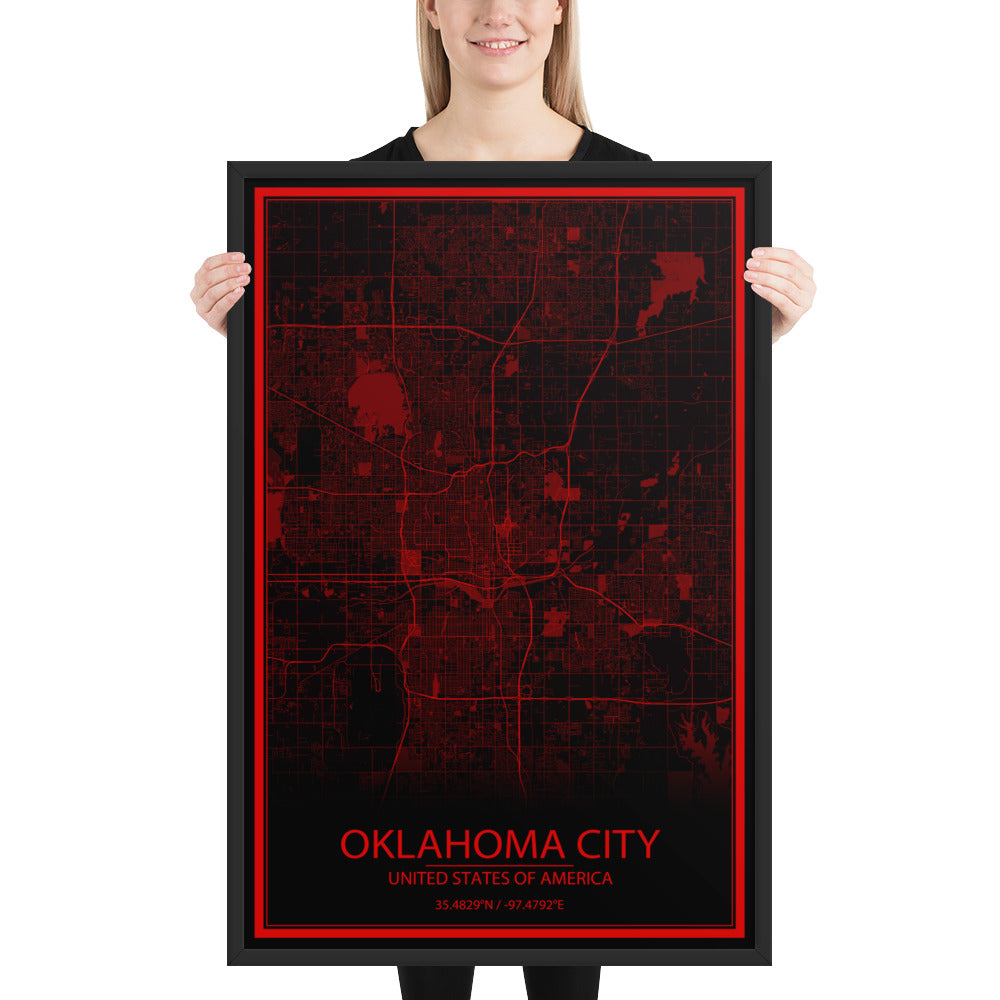 Oklahoma City Black and Red Framed Map