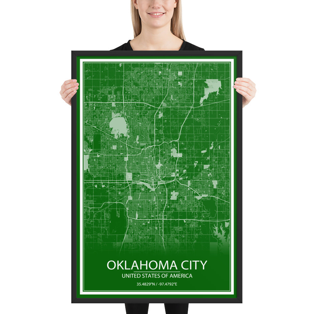 Oklahoma City Green and White Framed Map