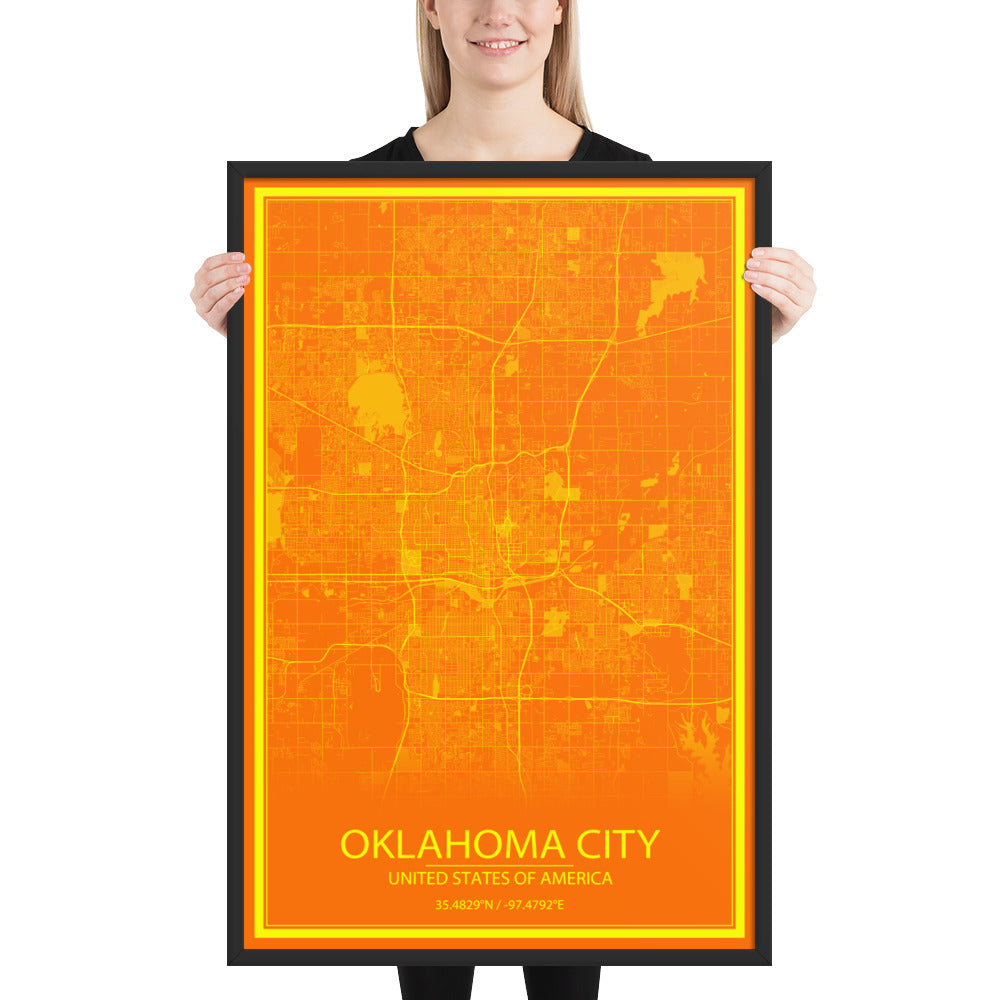 Oklahoma City Orange and Yellow Framed Map