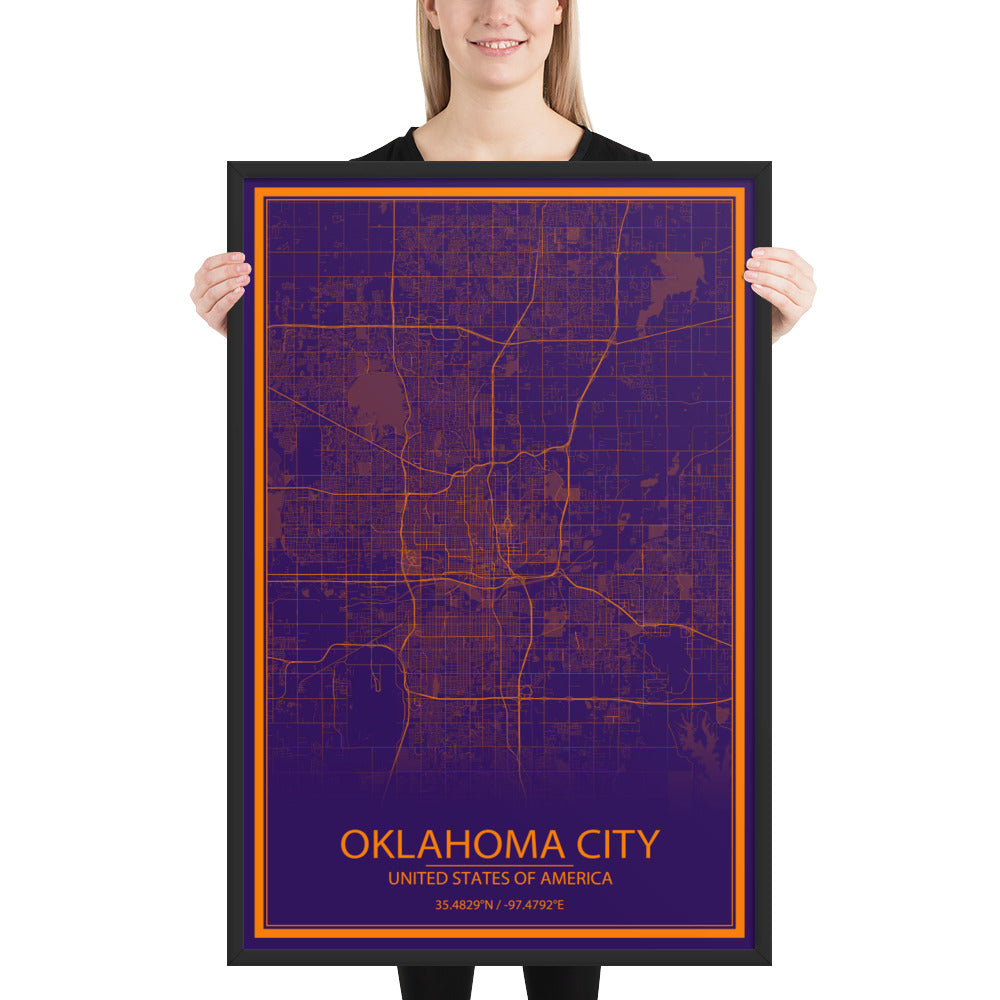 Oklahoma City Purple and Orange Framed Map