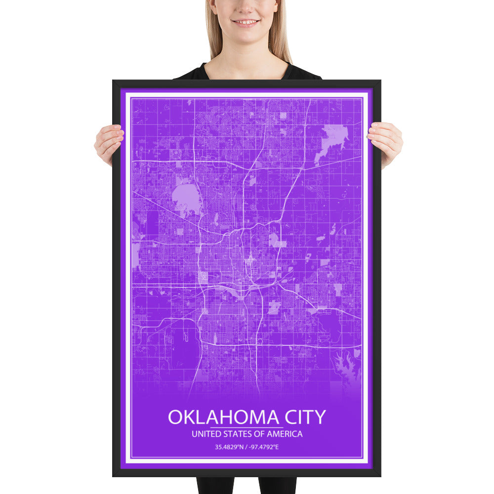 Oklahoma City Purple and White Framed Map